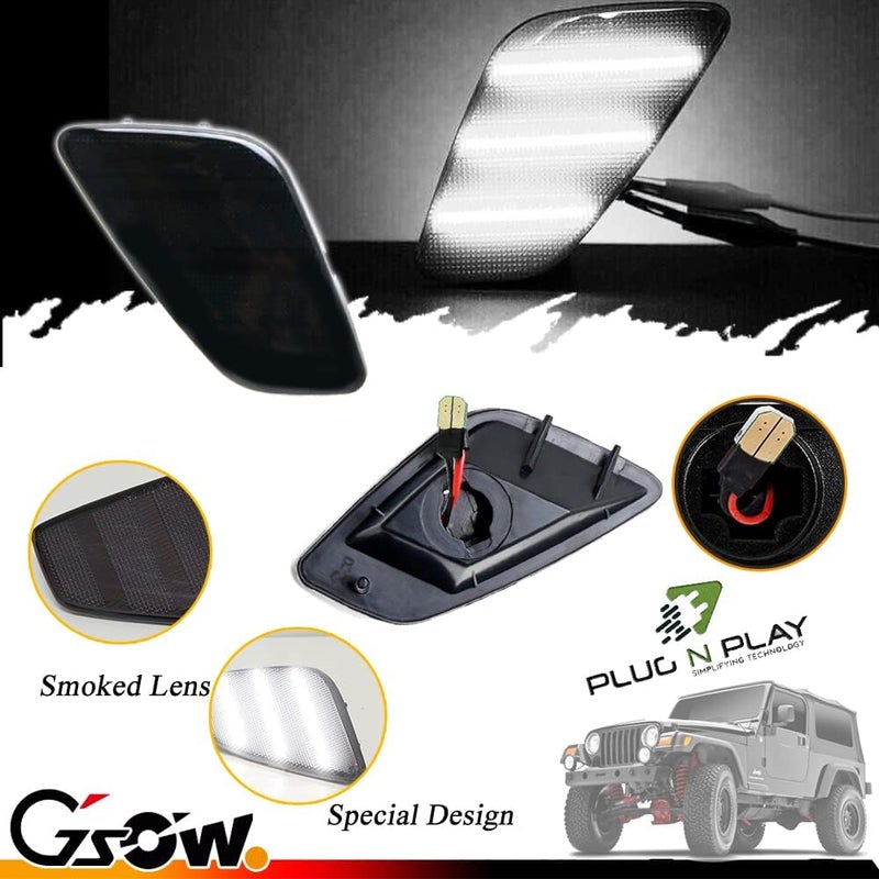 GSOWO 2 PCS White LED Side Marker Light for J-e-e-p Wrangler TJ 1997-2006, Smoked Lens Front Turn Signal Indicator, Left/Right Side Fender Sidemarker Lamps - Image 4